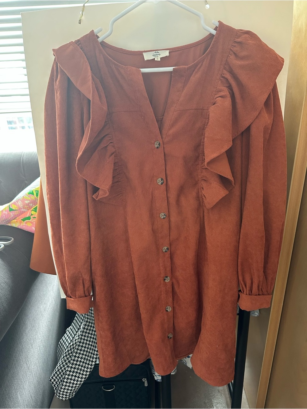 Red Dress Boutique Rust Button-Front Ruffle Corduroy Ribbed Long Sleeve Dress